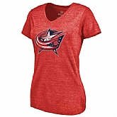 Women's Columbus Blue Jackets Distressed Team Primary Logo V Neck Tri Blend T-Shirt Red FengYun,baseball caps,new era cap wholesale,wholesale hats